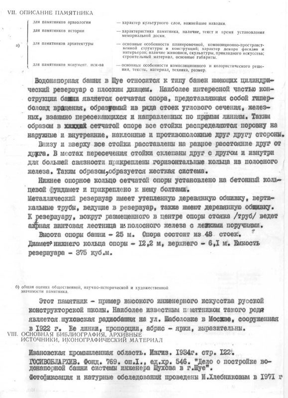 Шуховская водонапорная башня в Шуе. Паспорт памятника